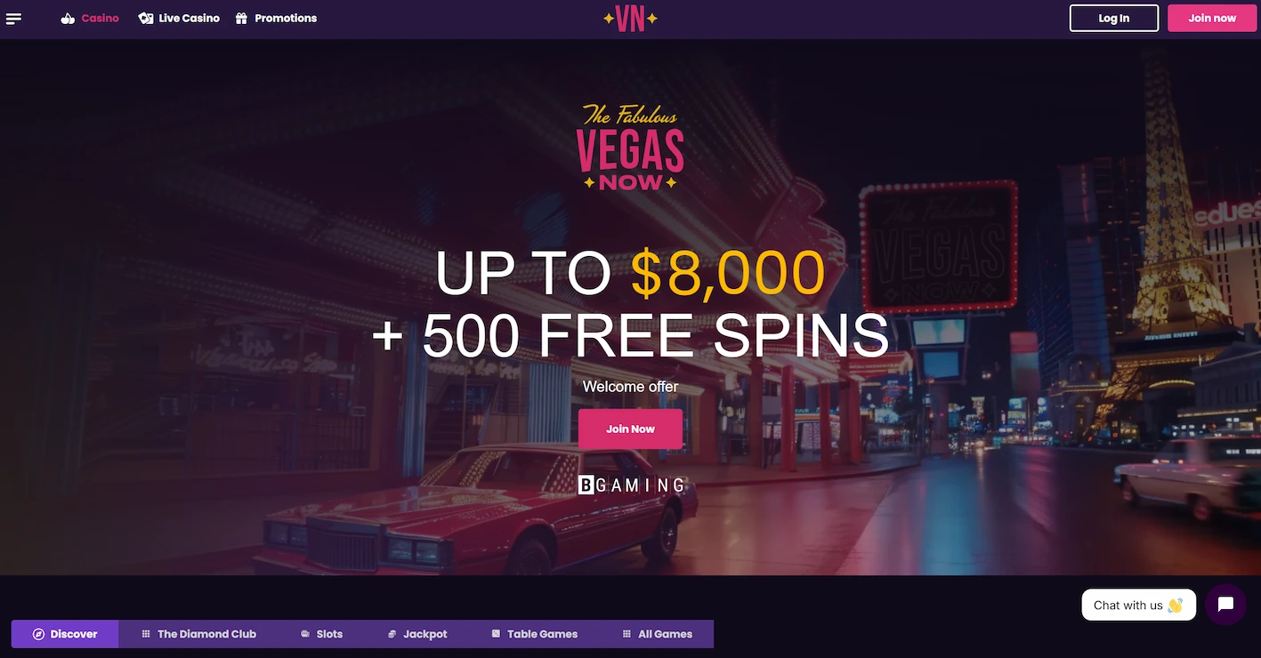 VegasNow casino frontpage showing welcome offer and site main navigation