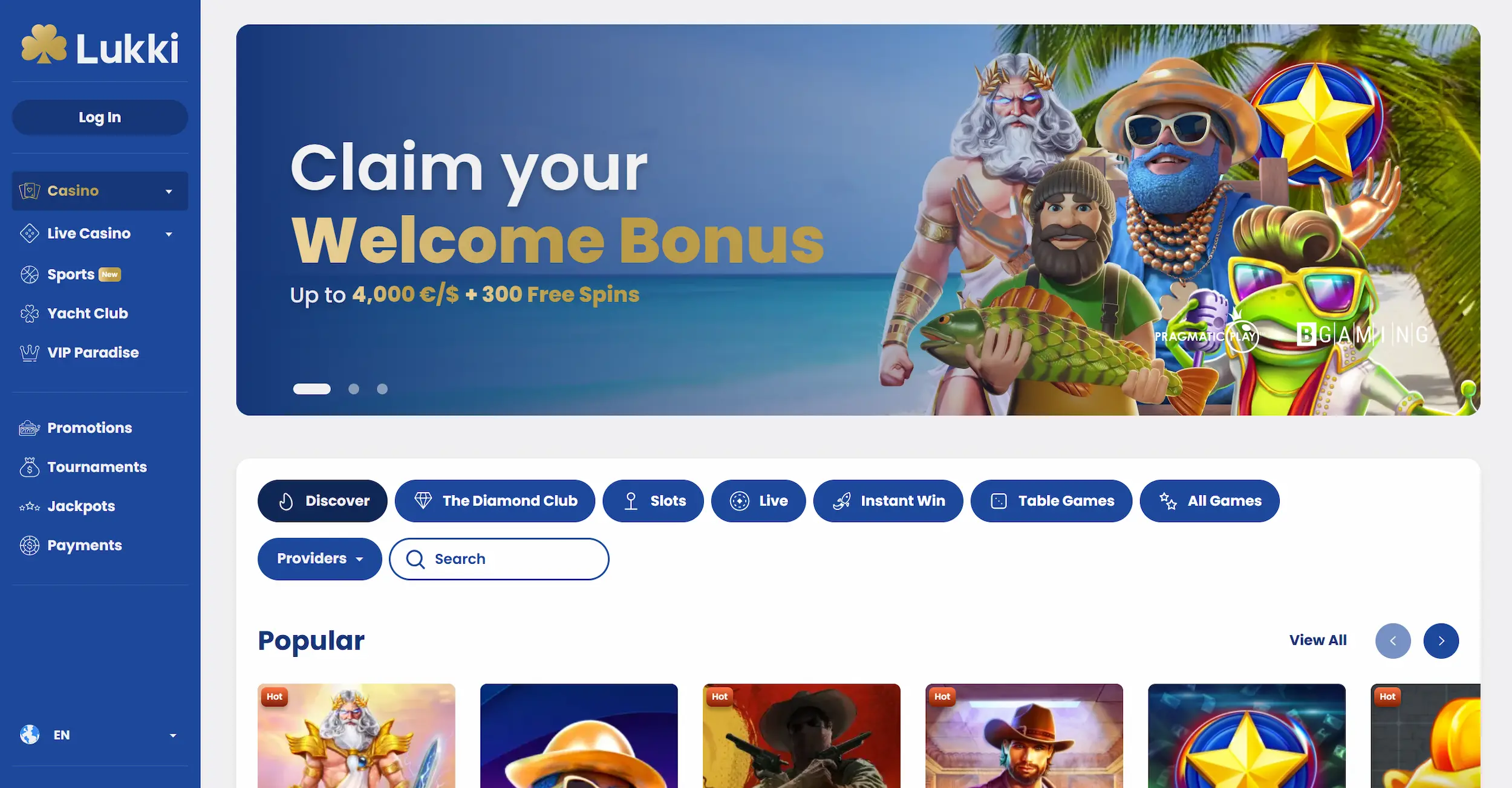 Lukki casino frontpage showing welcome bonus offer, recommended online pokies and site main navigation